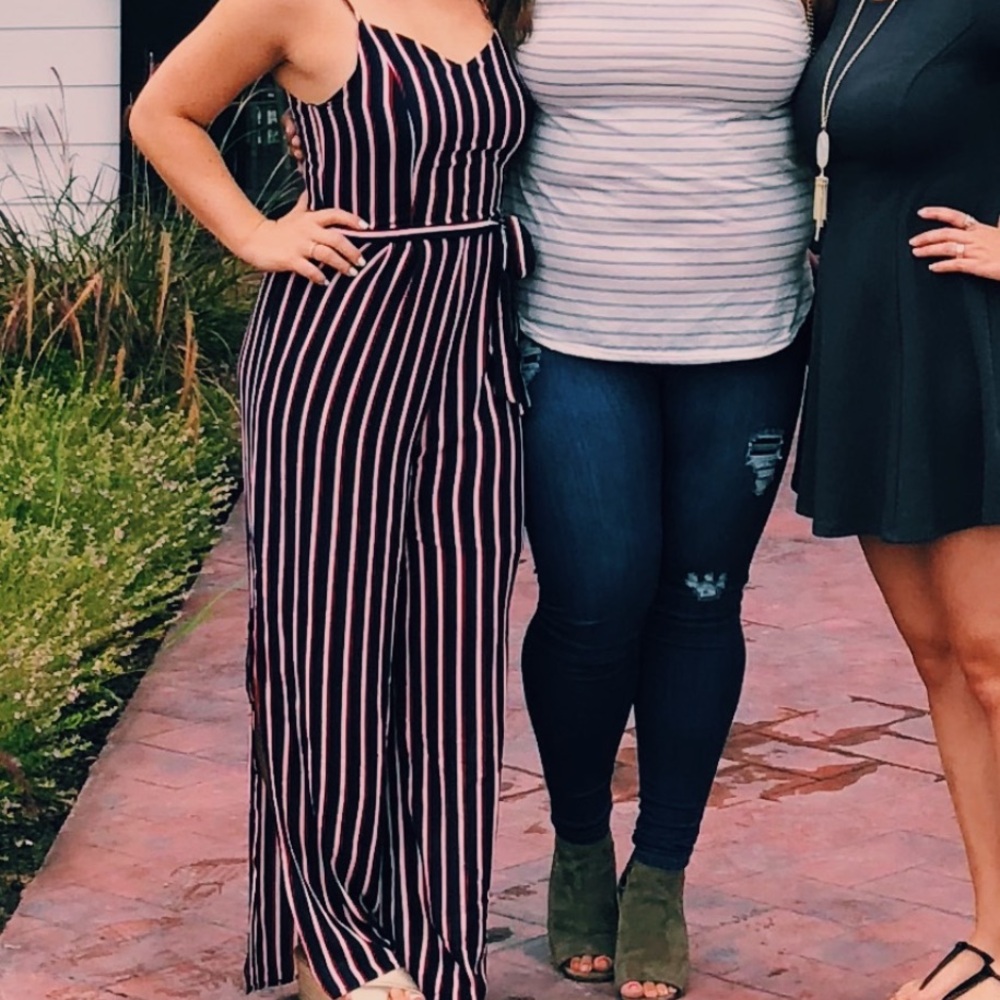 Striped comfortable jumpsuit with slit legs and tie for waist